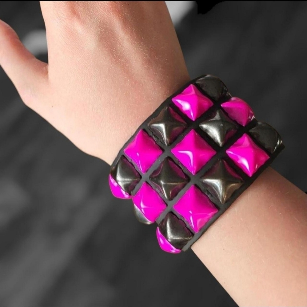 Hot Pink and black studded cuff bracelet Punk